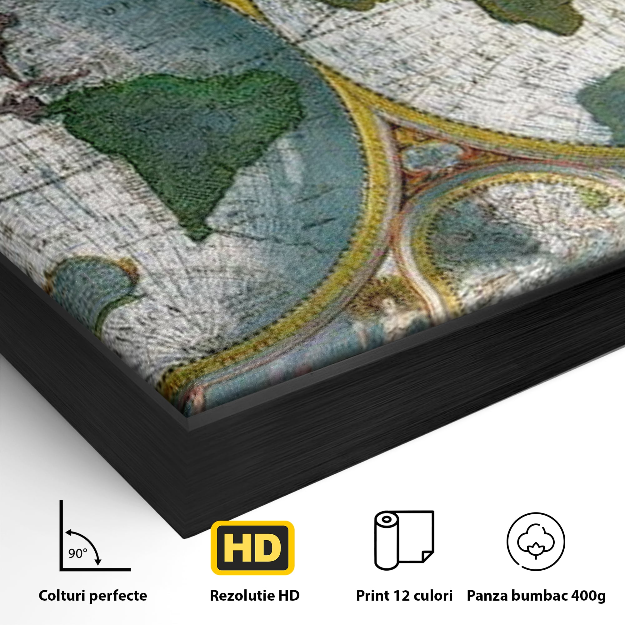 Detaliu al suprafetei: harta veche a lumii cu doua emisfere, in rama de aluminiu negru